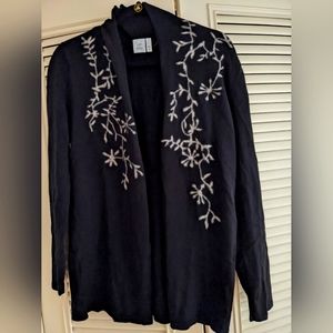 J Jill LS black open cardigan cotton nylon cashmere medium snowflake design